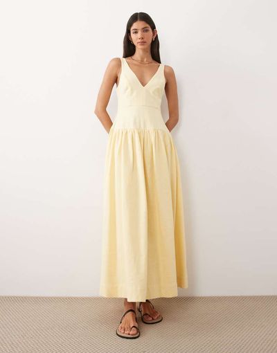 ASOS DESIGN ASOS DESIGN deep v neck dropped waist midi dress in lemon-Yellow