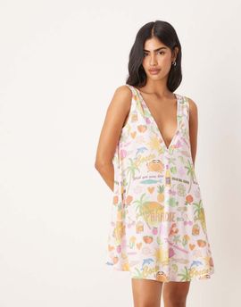 ASOS DESIGN ASOS DESIGN deep v shift dress in tropical print-Multi
