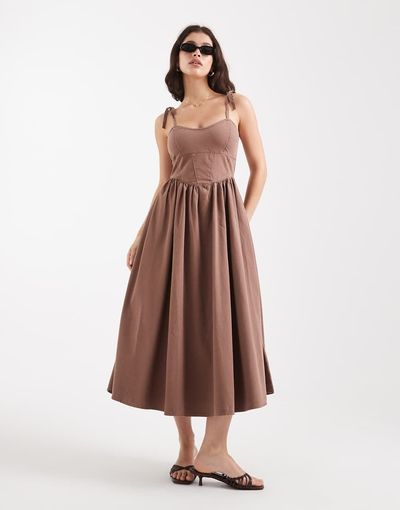 ASOS DESIGN ASOS DESIGN denim ballerina midi dress in mocha-Brown