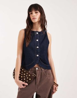 ASOS DESIGN ASOS DESIGN denim button up curve hem top in mid blue