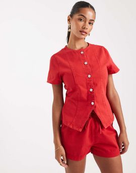 ASOS DESIGN ASOS DESIGN denim button up short sleeve top in letterbox red