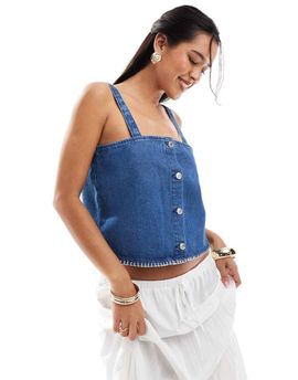 ASOS DESIGN ASOS DESIGN denim cami top with blanket stitch hem in mid blue-Navy