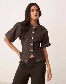 ASOS DESIGN ASOS DESIGN denim cinch waist short sleeve collarless top in dark brown