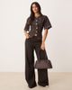 ASOS DESIGN ASOS DESIGN denim cinch waist short sleeve collarless top in dark brown - 2