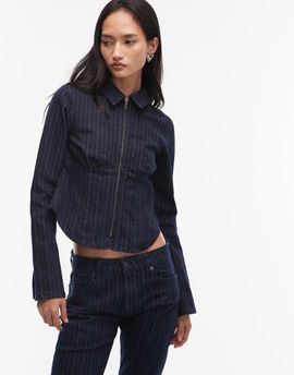 ASOS DESIGN ASOS DESIGN denim collar shirt with double ended zip in pinstripe - part of a set-Navy