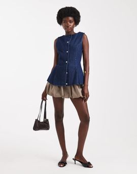 ASOS DESIGN ASOS DESIGN denim crew neck vest with peplum pleat detail in rinse-Blue