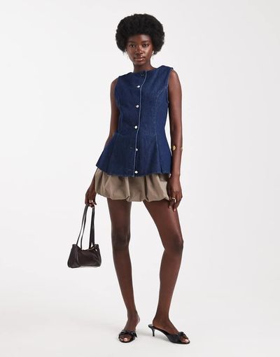 ASOS DESIGN ASOS DESIGN denim crew neck vest with peplum pleat detail in rinse-Blue