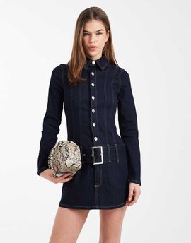 ASOS DESIGN ASOS DESIGN denim drop waist belt detail mini dress in indigo-Brown