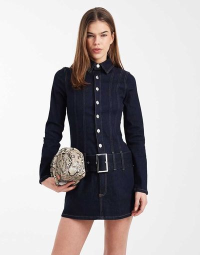 ASOS DESIGN ASOS DESIGN denim drop waist belt detail mini dress in indigo-Brown