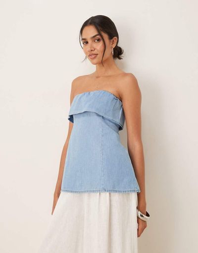 ASOS DESIGN ASOS DESIGN denim fold over bandeau top in light blue