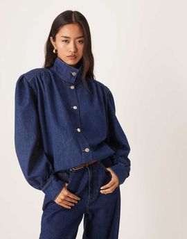 ASOS DESIGN ASOS DESIGN denim gathered shoulder funnel neck jacket in mid blue