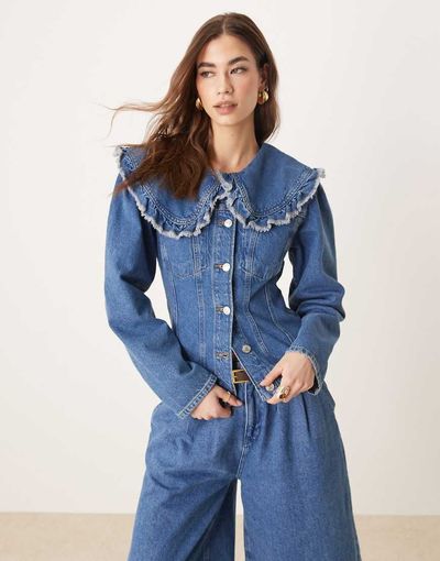 ASOS DESIGN ASOS DESIGN denim jacket with frill collar and seam detail-Blue