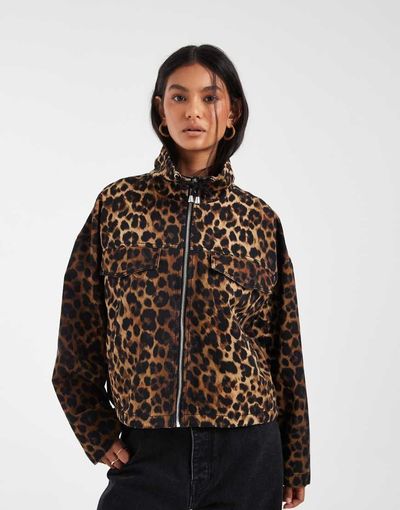 ASOS DESIGN ASOS DESIGN denim lightweight funnel neck jacket in leopard-Multi