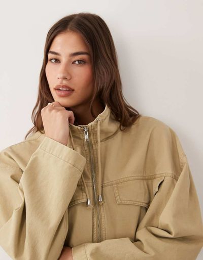 ASOS DESIGN ASOS DESIGN denim lightweight funnel neck jacket in stone-Brown