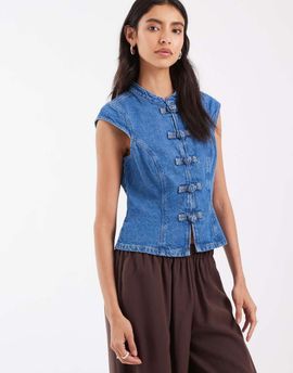 ASOS DESIGN ASOS DESIGN denim mandarin top in rinse-Blue