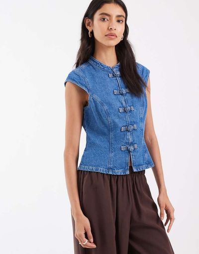 ASOS DESIGN ASOS DESIGN denim mandarin top in rinse-Blue
