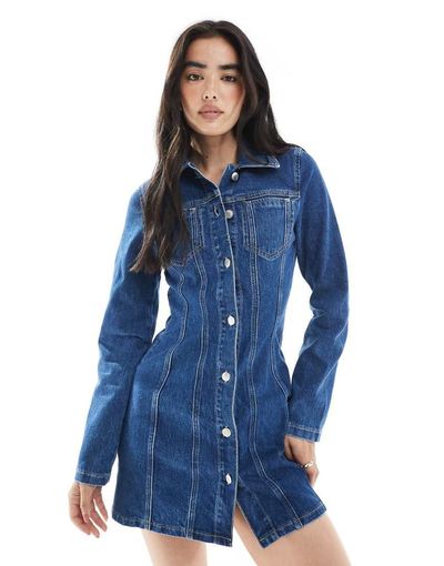 ASOS DESIGN ASOS DESIGN denim mini shirt dress with seam and pocket detailing in mid blue