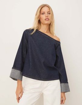 ASOS DESIGN ASOS DESIGN denim off the shoulder top with rolled cuffs in rinse wash-Navy