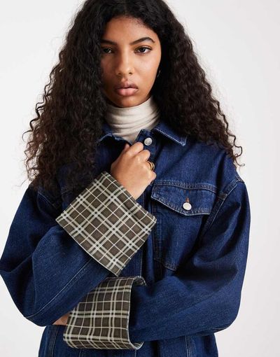 ASOS DESIGN ASOS DESIGN denim oversized jacket with plaid print cuff detail in indigo-Blue