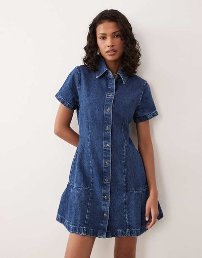 ASOS DESIGN ASOS DESIGN denim pleat hem shirt dress in midwash blue