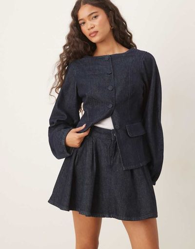 ASOS DESIGN ASOS DESIGN denim pleated mini skirt in rinse - part of a set-Blue