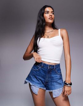 ASOS DESIGN ASOS DESIGN denim ripped shorts with dropped pocket bag in dark wash-Blue
