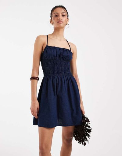 asos design high neck shirred waist mini dress in texture Style LD11441 keyhole back enhances its How to Mount Medals Drop waist Size:Indigo-Ladies Small