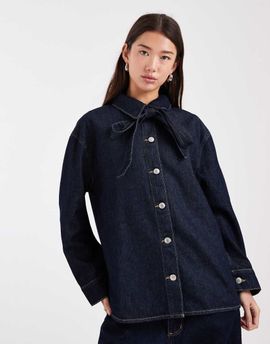 ASOS DESIGN ASOS DESIGN denim shirt with bow tie neck in rinse wash-Navy