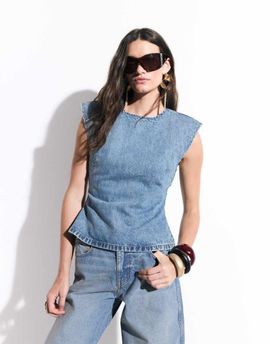 ASOS DESIGN ASOS DESIGN denim shoulder pad sleeveless top in light mid blue - part of a set-Navy