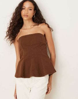 ASOS DESIGN ASOS DESIGN denim structured peplum bandeau top in chocolate-Brown