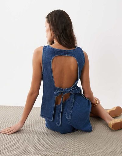 ASOS DESIGN ASOS DESIGN denim tie back top in mid blue - part of a set