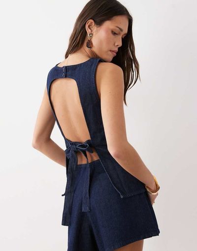 ASOS DESIGN ASOS DESIGN denim tie back top in rinse - part of a set-Blue