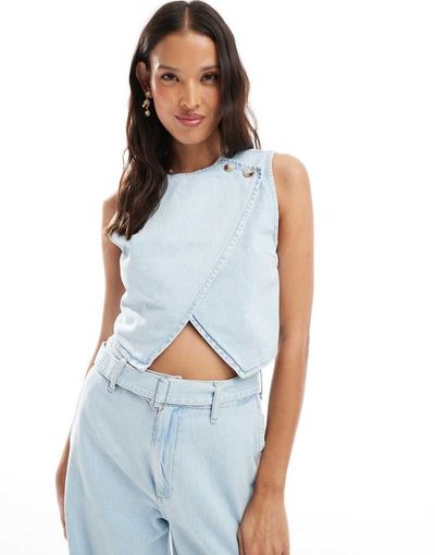 ASOS DESIGN ASOS DESIGN denim vest crop top in mid blue - part of a set