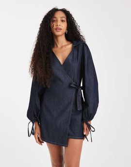 ASOS DESIGN ASOS DESIGN denim wrap mini dress with balloon sleeves in rinse wash-Navy