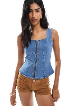 ASOS DESIGN ASOS DESIGN denim zip through square neck top in mid blue