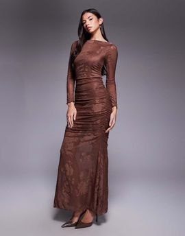 ASOS DESIGN ASOS DESIGN devore long sleeve ruched maxi dress in chocolate-Brown