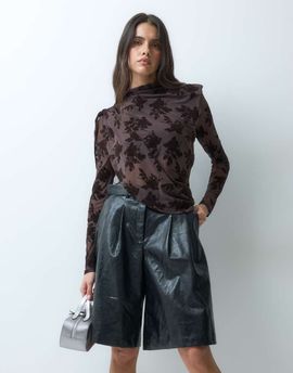 ASOS DESIGN ASOS DESIGN devore shoulder pad draped flock long sleeve top in brown