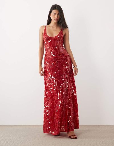 ASOS DESIGN ASOS DESIGN disc scatter sequin scoop neck maxi dress in wine-Red