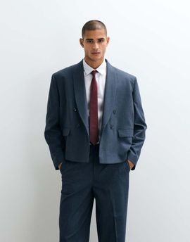 ASOS DESIGN ASOS DESIGN double breasted boxy shawl wrap suit jacket in blue herringbone