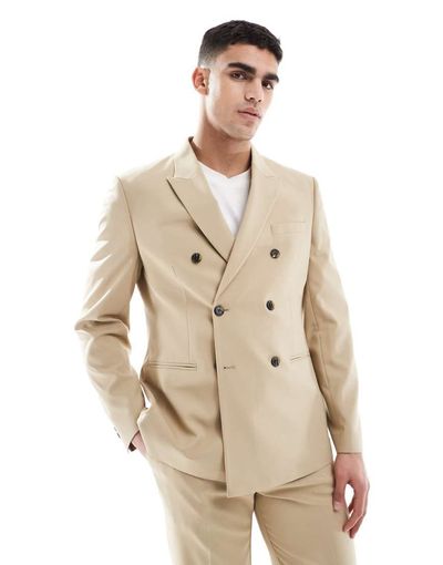 ASOS DESIGN ASOS DESIGN double breasted slim suit jacket in stone-Neutral