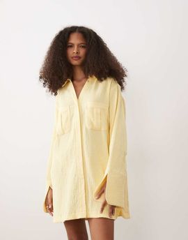 ASOS DESIGN ASOS DESIGN double cloth mini shirt dress with wide cuffs and oversized pockets in lemon-Multi