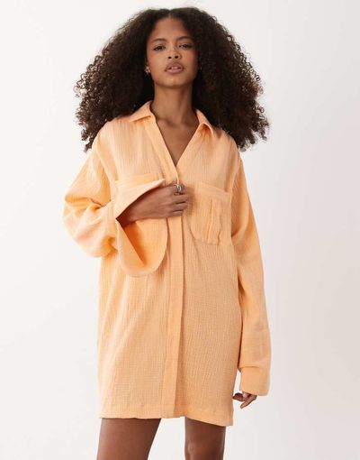 ASOS DESIGN ASOS DESIGN double cloth mini shirt dress with wide cuffs and oversized pockets in orange spritz