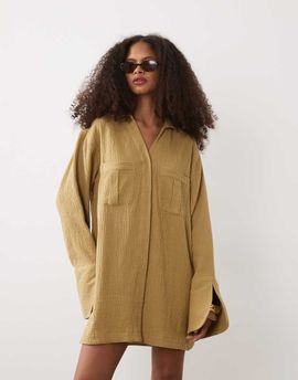 ASOS DESIGN ASOS DESIGN double cloth mini shirt dress with wide cuffs and oversized pockets in toasted sage-Multi