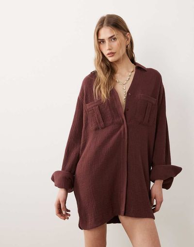 ASOS DESIGN ASOS DESIGN double cloth mini shirt dress with wide cuffs and oversized pockets in warm chocolate-Multi