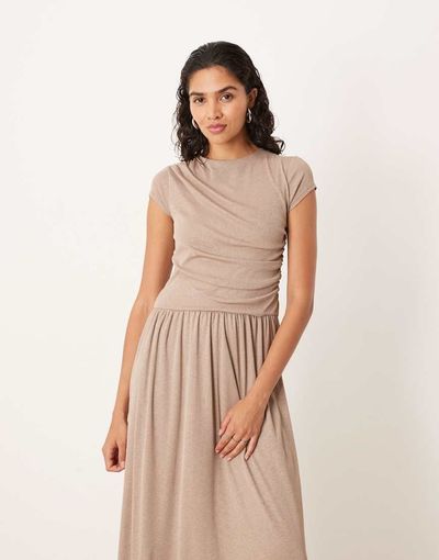 ASOS DESIGN ASOS DESIGN drape T-shirt dropped waist maxi dress in beige-Neutral