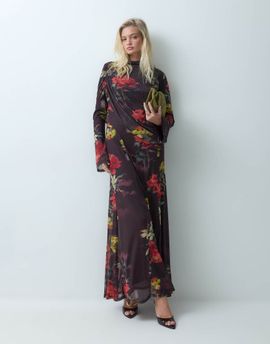 ASOS DESIGN ASOS DESIGN draped high neck printed floral mesh maxi dress with open back detail in burgundy-MULTI