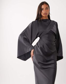 ASOS DESIGN ASOS DESIGN draped long sleeve cross front high neck satin maxi dress in midnight blue-Navy