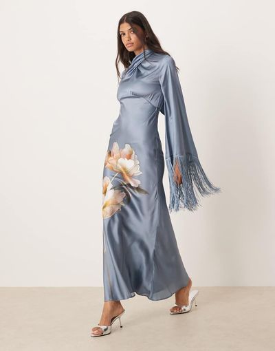 ASOS DESIGN ASOS DESIGN draped neck satin bias maxi dress with fringe sleeve detail in overblown floral-Multi