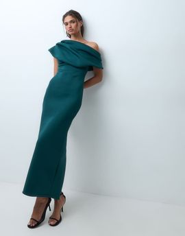 ASOS DESIGN ASOS DESIGN draped off shoulder pencil maxi dress in bottle green scuba-style fabric