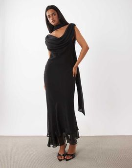 ASOS DESIGN ASOS DESIGN draped off shoulder scarf detail double layer maxi dress in black